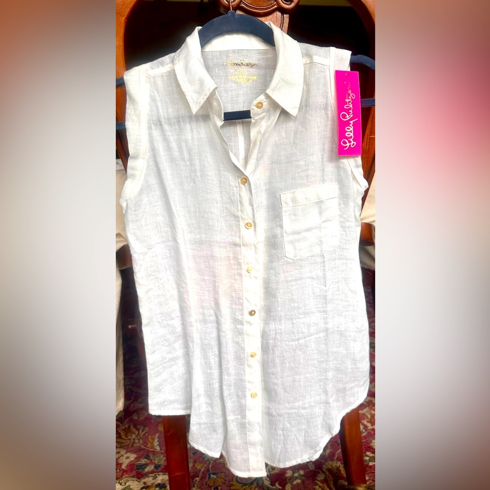 NWT Lilly Pulitzer white sleeveless linen button down shirt.